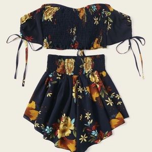 Floral Drawstring Ruched Top & Smocked Shorts Set
